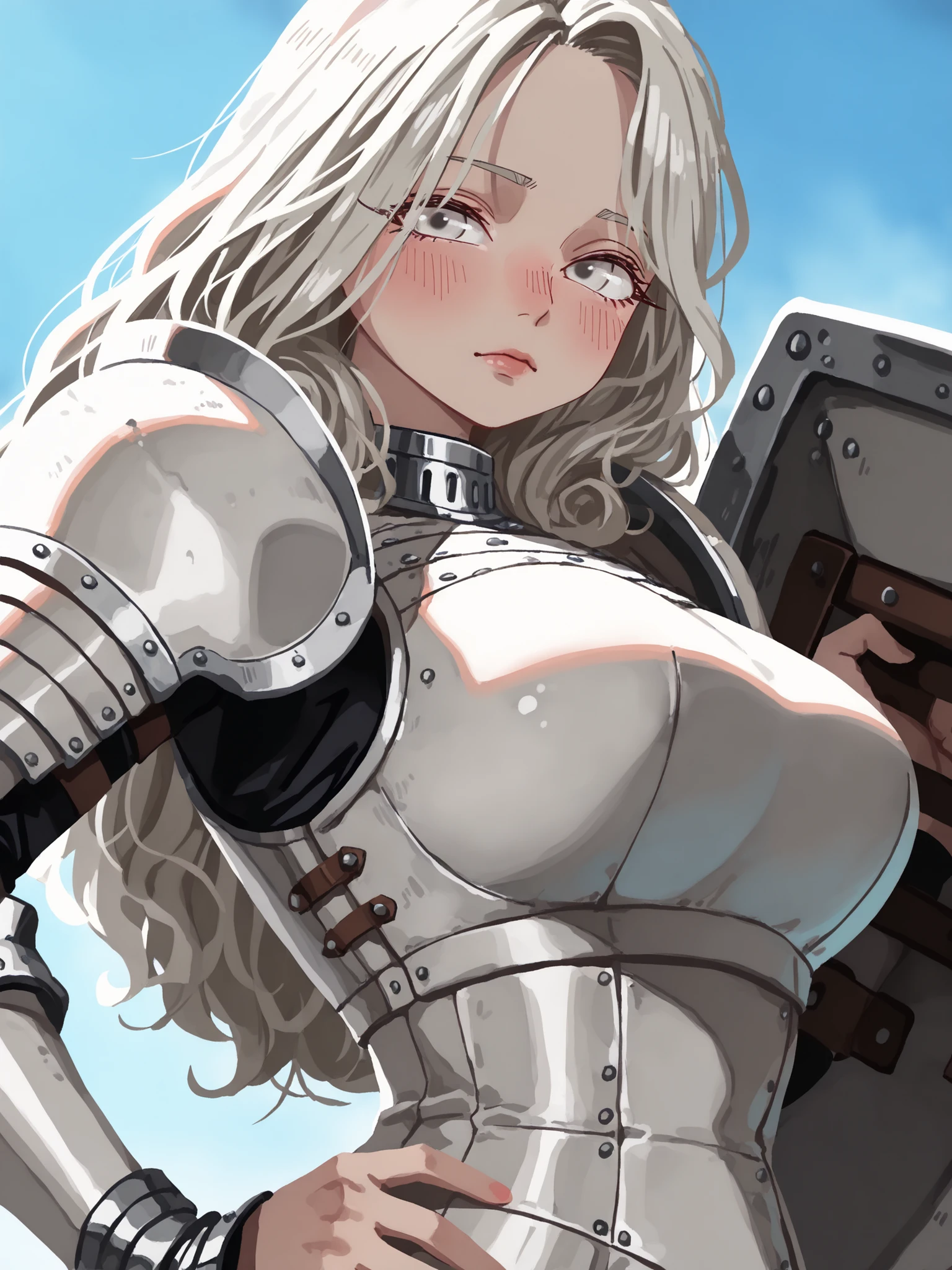 (face focus, close angle, upper body shot: 1.4), (nsfw: 1.0), solo, lips, (no lineart: 1.5), (middle shot, medium shot, centered shot: 1.5), looking at viewer, mature woman, fair skin, white eyes, thick eyelashes, long curly white hair, white knight armor, large breasts, voluptuous, slim waist, thick thighs, holding shield, kingdom, side view, composed expression, serious, stern, heavy lidded eyes, squinting, narrow eye shape, hand on hip, day, beautiful, blush, dame, milf