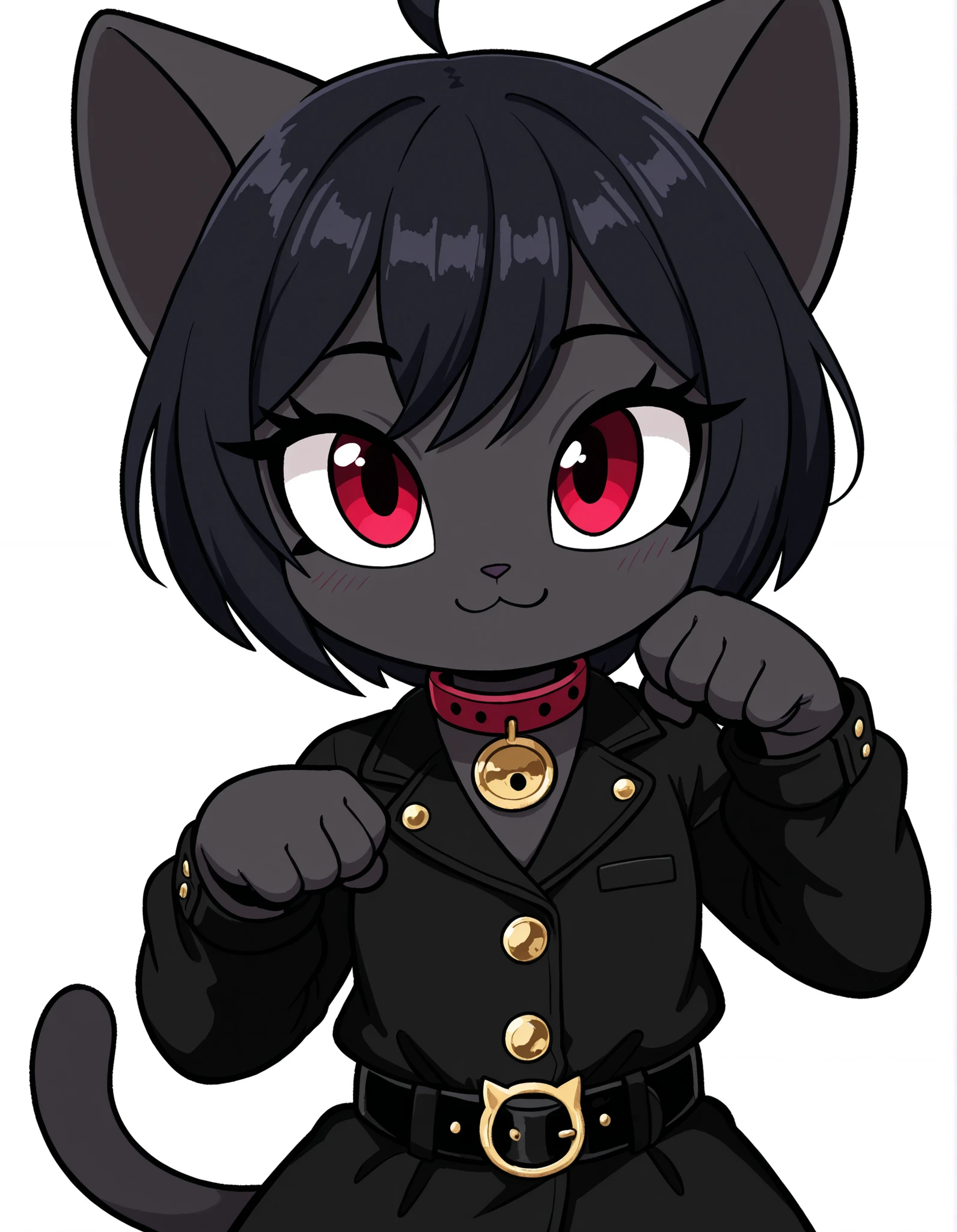 gaturo style, g4tur0,, masterpiece, best quality, very aesthetic, 1girl, solo, white background, looking at viewer, portrait, paw pose, :3, furry female, cat girl, animal ears, black hair, short hair, black skin, red eyes, cat tail, black jacket, buttons, long sleeves, black belt, collar, masterpiece, best quality,