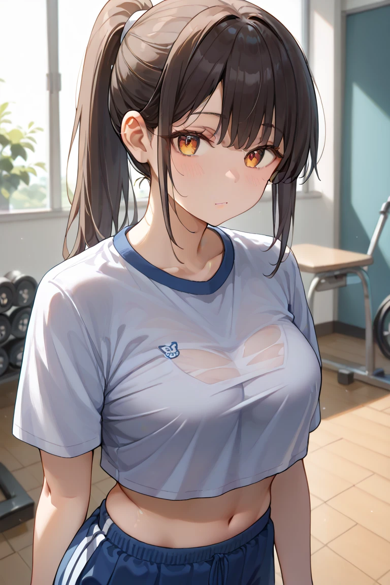 human, ((1girls)), 18 years old, beautiful, ponytail, brown hair, black eyes, black gayo outfit, Z cup breasts, tight shirt, ((brown skin)), fair body, 1m78, gym, deserted, ((Takeda Hiromitsu style)), Flashing , shy, look away,