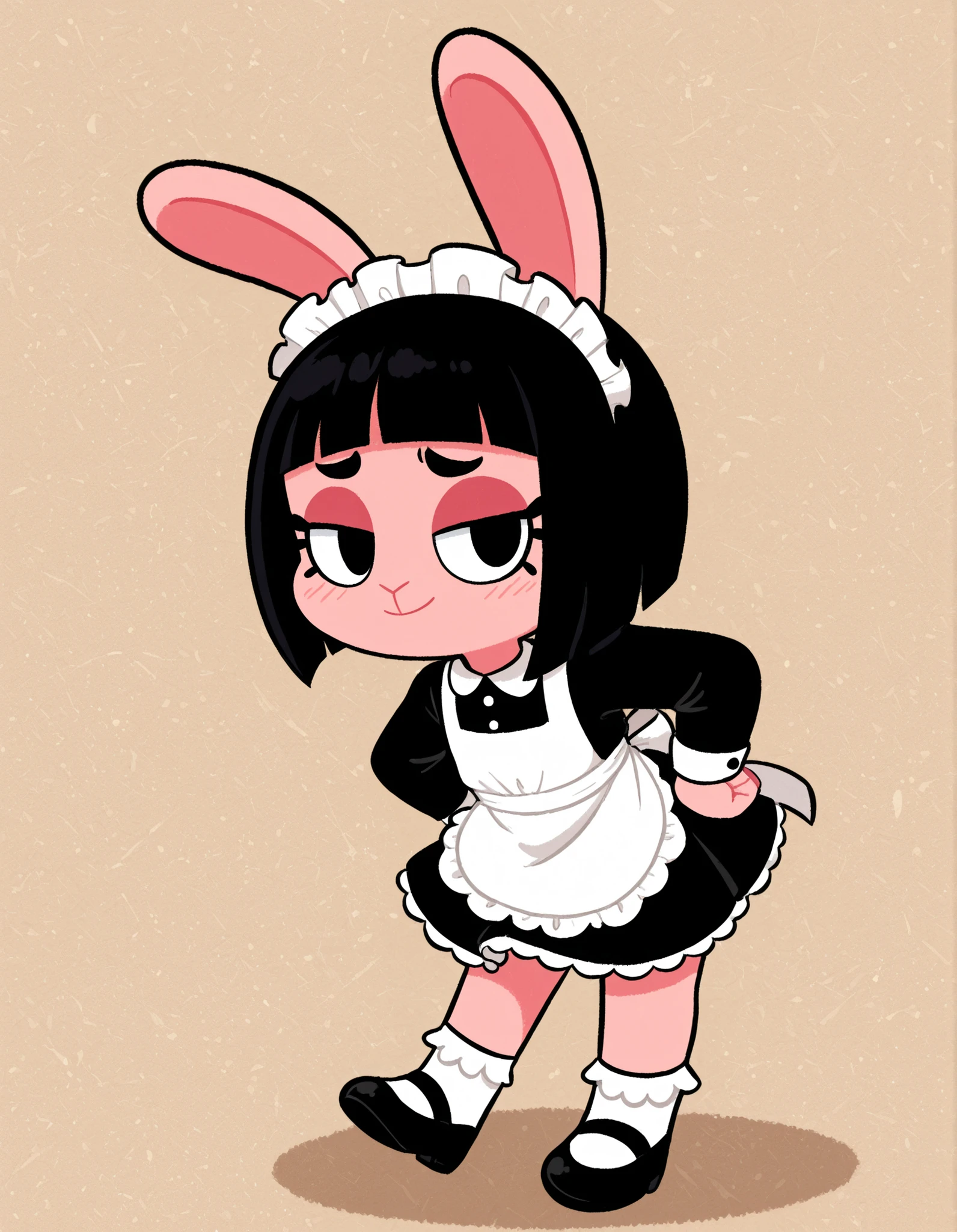 gaturo style, g4tur0,, one woman、solo, Maya Hell,black eyes,dark hair,bob cut,Maid Outfit、White Apron、White Headdress、 with rabbit ears、cafe