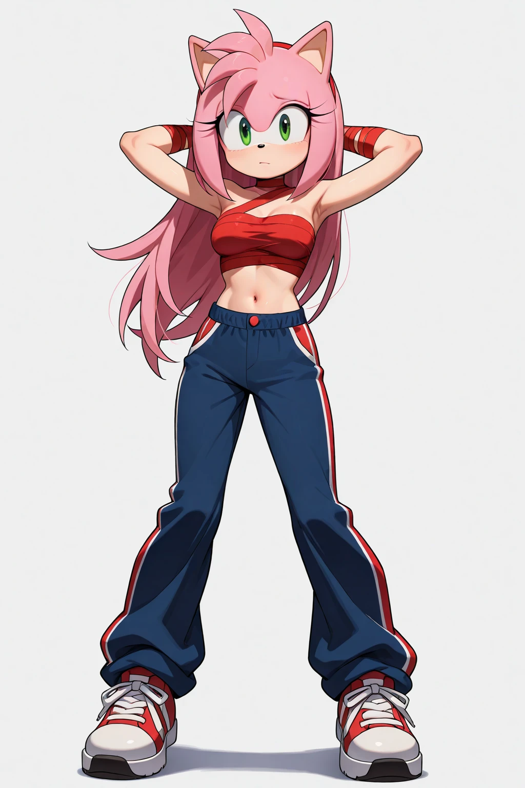 Anime Girls、solo、Shorts、Short top、Six Pack Abs、belly button、Pink Hair、Long Hair、Twin tails、detailed、Highest quality、masterpiece、muscle質、muscle、Sweaty、muscle質な太もも、mesugaki、Red glowing eyes、smile、belt、Hands on hips