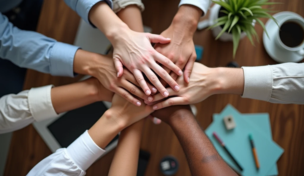 photography of top view of hands. business people putting their hand together. Many hands. Business team stacking hands over each other, corporate photo, italy people