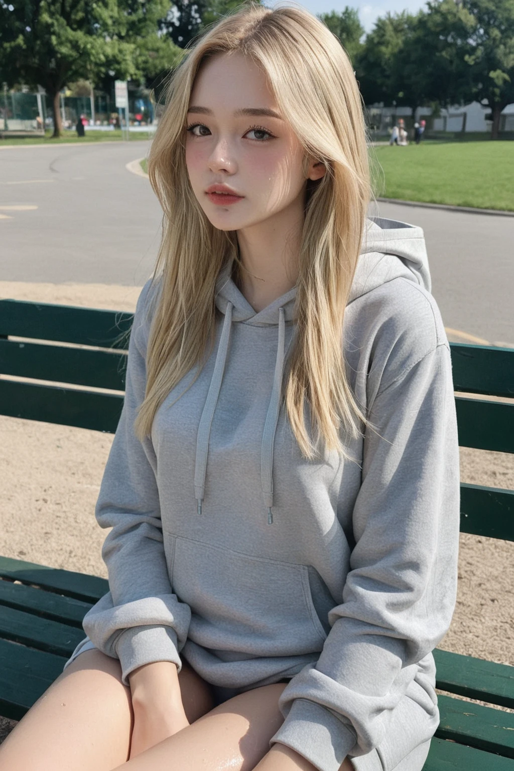 inside bus, sitting, skinny girl. beautiful, long white hair, oversized hoodie, tight short, realistic, Ichikajp
