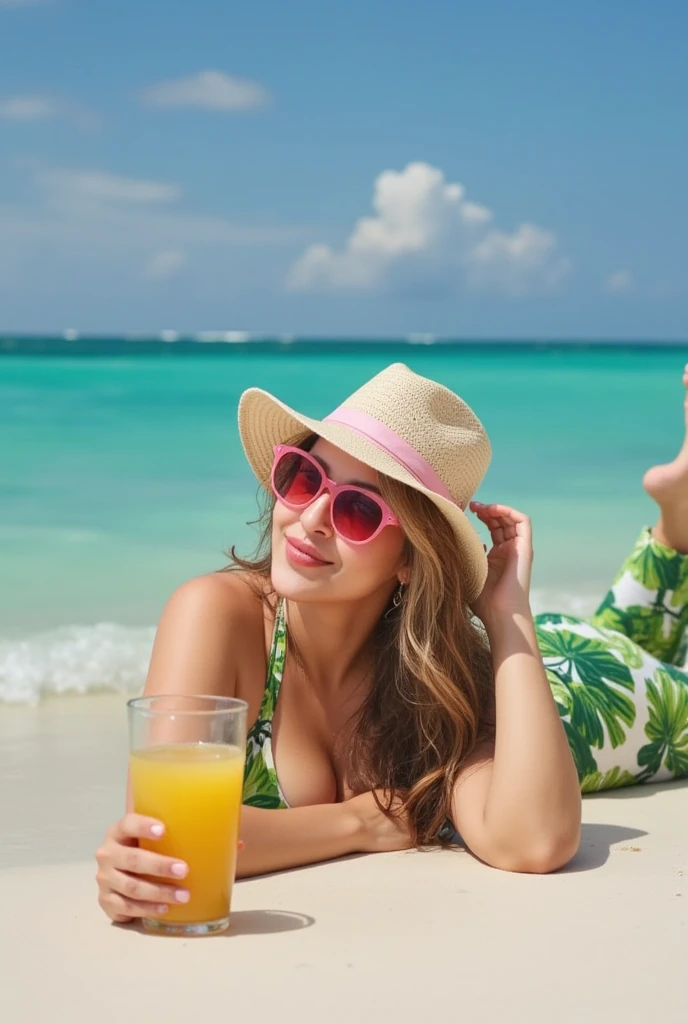 A beautiful, sun-soaked scene of a woman sunbathing on a pristine tropical beach. The woman lies on a vibrant beach towel, her smile radiant as she dons stylish sunglasses. Her sun-kissed skin glows with a golden hue, contrasting against the turquoise waters and soft white sands. Palm trees sway gently in the background, casting playful shadows on the shore. A tropical drink with a little umbrella sits nearby, adding to the island vibe.