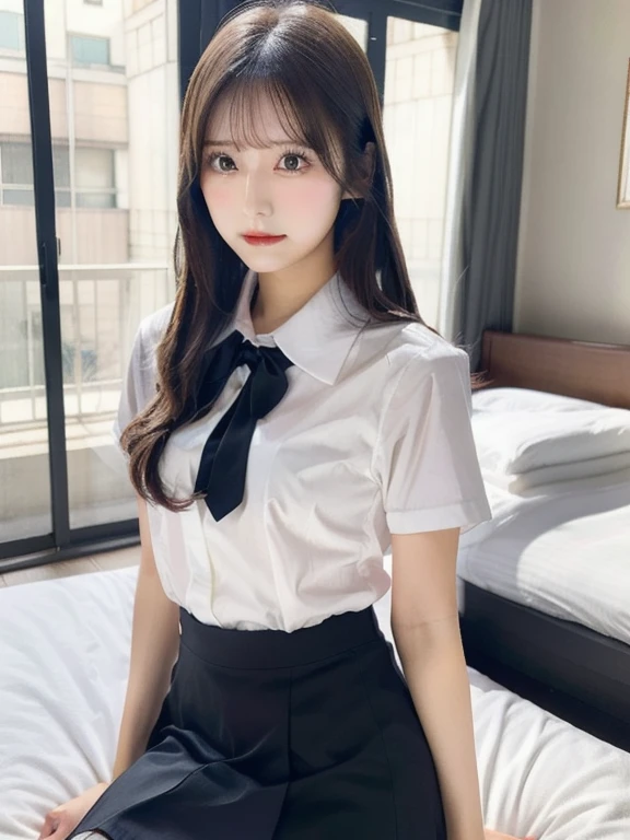 (School uniform、pleatedskirt、shortsleeves:1.5)Pretty Girl VN02, 1girl in, Solo, masutepiece, 1girl in, best qualtiy, Ultra Detail, (shiny), Small、with blush cheeks, Ray tracing,Perfect Lighting, (milky skin:1.2),reflection, up looking_で_viewer, blush, bow ribbon, Twin-tailed, yellow_Eyes, White lace pantyhose, Bag, Lace Lavender White Choker, Low_Twin-tailed, (((On the way to school)))、Japan's cutest 18-year-old Misho