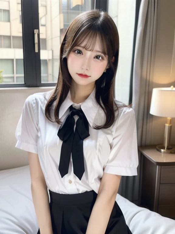 (8k, RAW photo, top quality, masterpiece: 1.2), (realistic, photorealistic: 1.37), ultra detail, ultra high resolution, one girl, beholder, beautiful detailed face, smile, constriction, (slim waist): 1.3), beautiful detailed skin, skin texture, floating hair, professional lighting, Japanese beautiful girl, long hair, bob cut, beautiful hair, 16 years old, attractive breasts, (huge breasts:1.2), beautiful shape breasts, full body from toes to head, standing, Shift gaze away, gaze into the distance, natural color hair, color inner hair, collared shirt, pleated skirt, school, bow