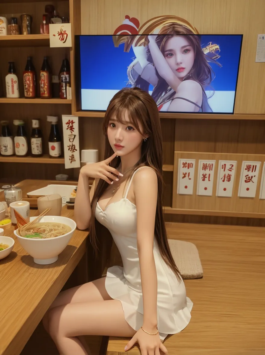 This is a single photo,Taiwanese long-haired beauty dines at the restaurant table,Wearing a sexy dress。Showing breasts。