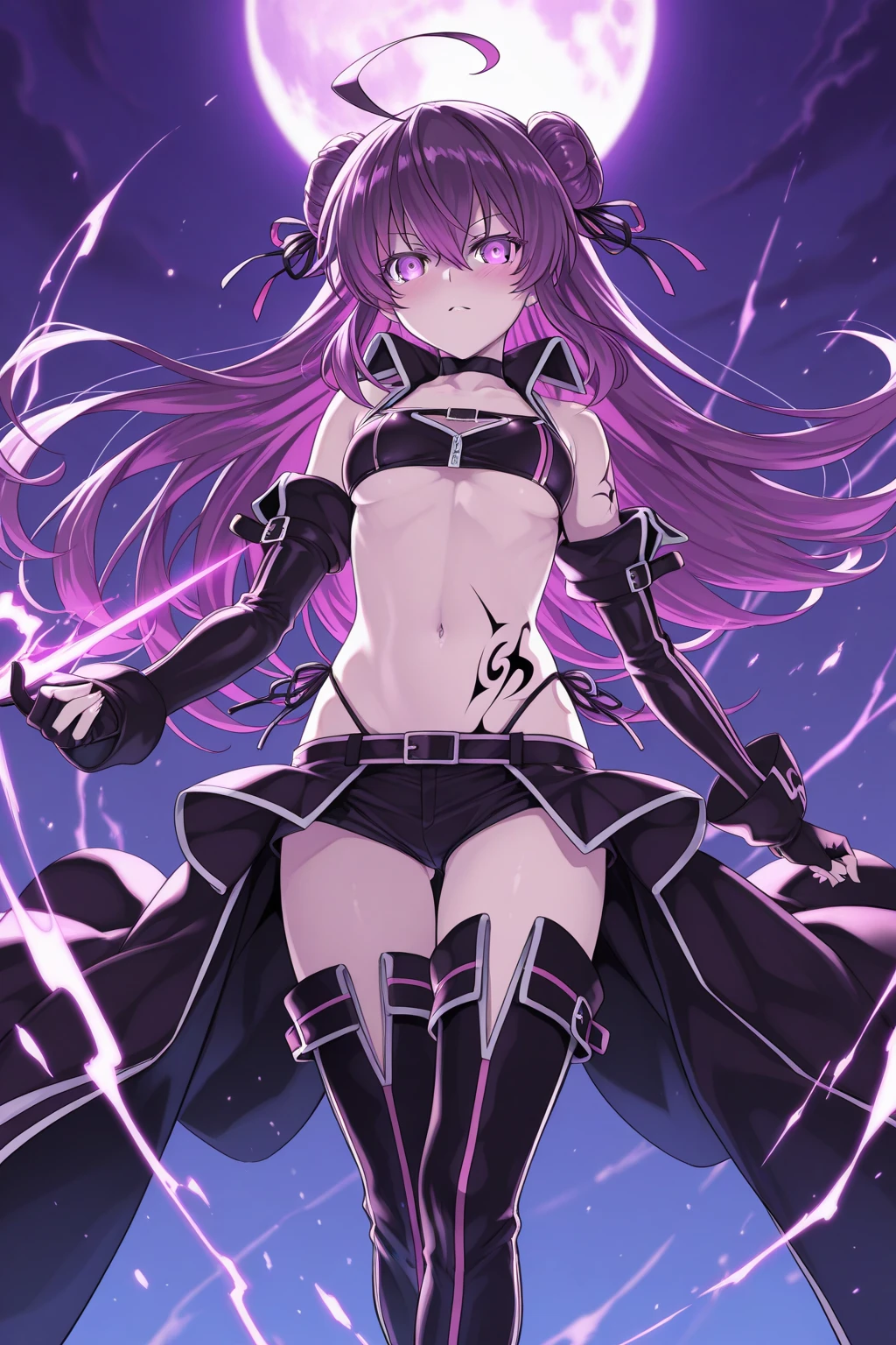 Horror Art, (Dark Anime Alien Girl), (((((Purple skin))))), (((((gold Hair))))), bright, Black cloth, sharp short clothes, Dark fantasy setting, Dark Cave,Ray Tracing, masterpiece, Highest quality, super high quality, Absurd detailed, best Light, Best Shadow, sharp, sharp image, detailed, extremely detailed, Incredible resolution, 8k, 4K, Ultra-high resolution, Particle Effects, Beautiful Effects, Vibrant colors, neon Light, neon, Light,(corruption:1.2),(Hollow Eyes:1.2),(Groin tattoo:1.3),(Lower abdomen tattoo:1.3),(masterpiece), (Highest quality), (Super detailed), One girl, Red eyes