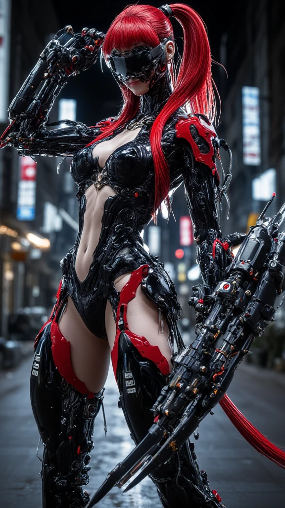  holding a machine with a red ponytail Full body image of a robot ninja female 。 Her proportions are human-like ， She stands on a cyberpunk street at night ， Exposed fighting posture ， Her harflly mechanical  body consists of a black and red bonded deck and reinforced joints。 Her legs are harflly mechanical 。 She has a fair complexion 、 Her face is perfectly visible ，Eyebrows Exquisite ， Eyeshadow Elegant ，Smile brightly。 （（ Her whole body is visible ））