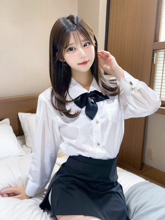 masterpiece, best quality, illustration, Super detailed, fine details, High resolution, 8K,wall paper, perfect dynamic composition,(Details High quality, realistic depiction of eyes:1.3), straight hair,  ,white shirt), green plaid short skirt, green ribbon,  black hair color, Big Natural Color Lip, hotel room, crying a little、 Harajuku style、20 year old girl、cute type、lolita, Gravure Idol, full body photo、focus on crotch, huge breasts