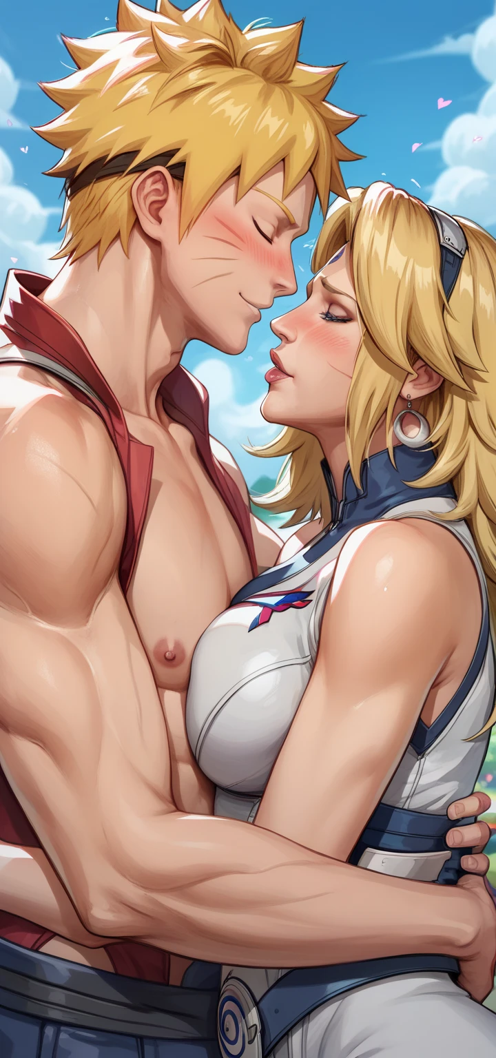 masterpiece, best quality, tekken 8_Lily, pink thighs, blue eyes, blonde hair, long hair, embarrassing, 1st son, (french kiss:1.2), Grab it from behind,  