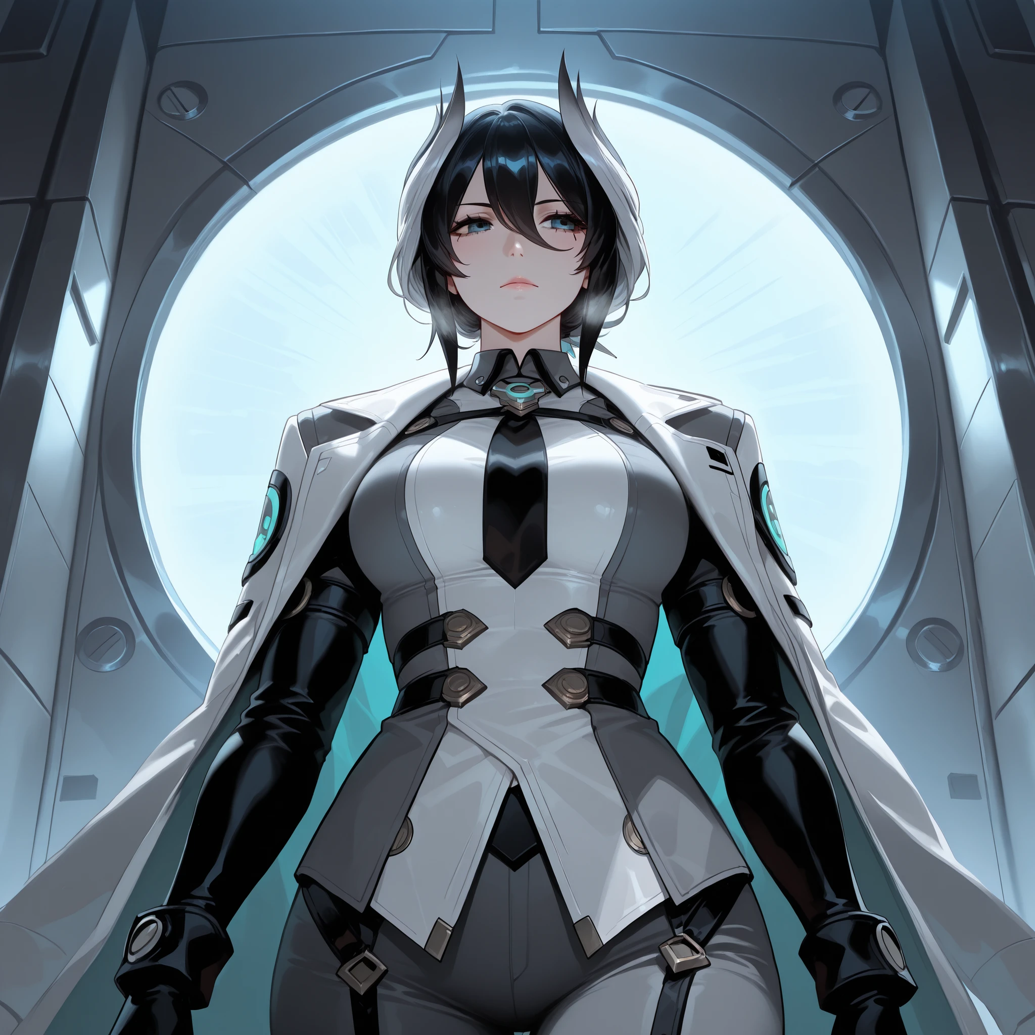 Make a character similar to Ouzen. Gloomy futuristic setting. black and gray clothes.