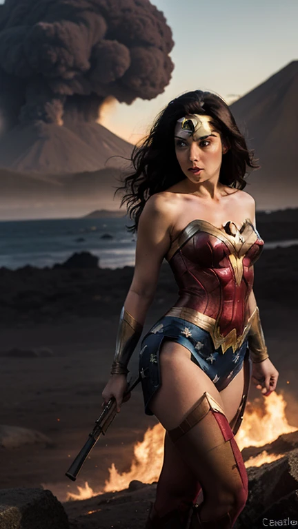 Create an image of a sexy and tall dark brunette with slightly wavy hair, standing at 175cm tall. The woman should be dressed as Wonder Woman, showcasing her hot armor and amazing physique with an hourglass silhouette. The woman should be in a flying hero position, adding to the dynamic and alluring nature of the image. The background should be a destruction scene, adding to the dynamic and alluring nature of the image. The overall look and feel of the image should be that of a cinematic and dynamic scene, with a focus on creating a dynamic and alluring image that showcases the woman's sex appeal as a superhero, viki odintcova