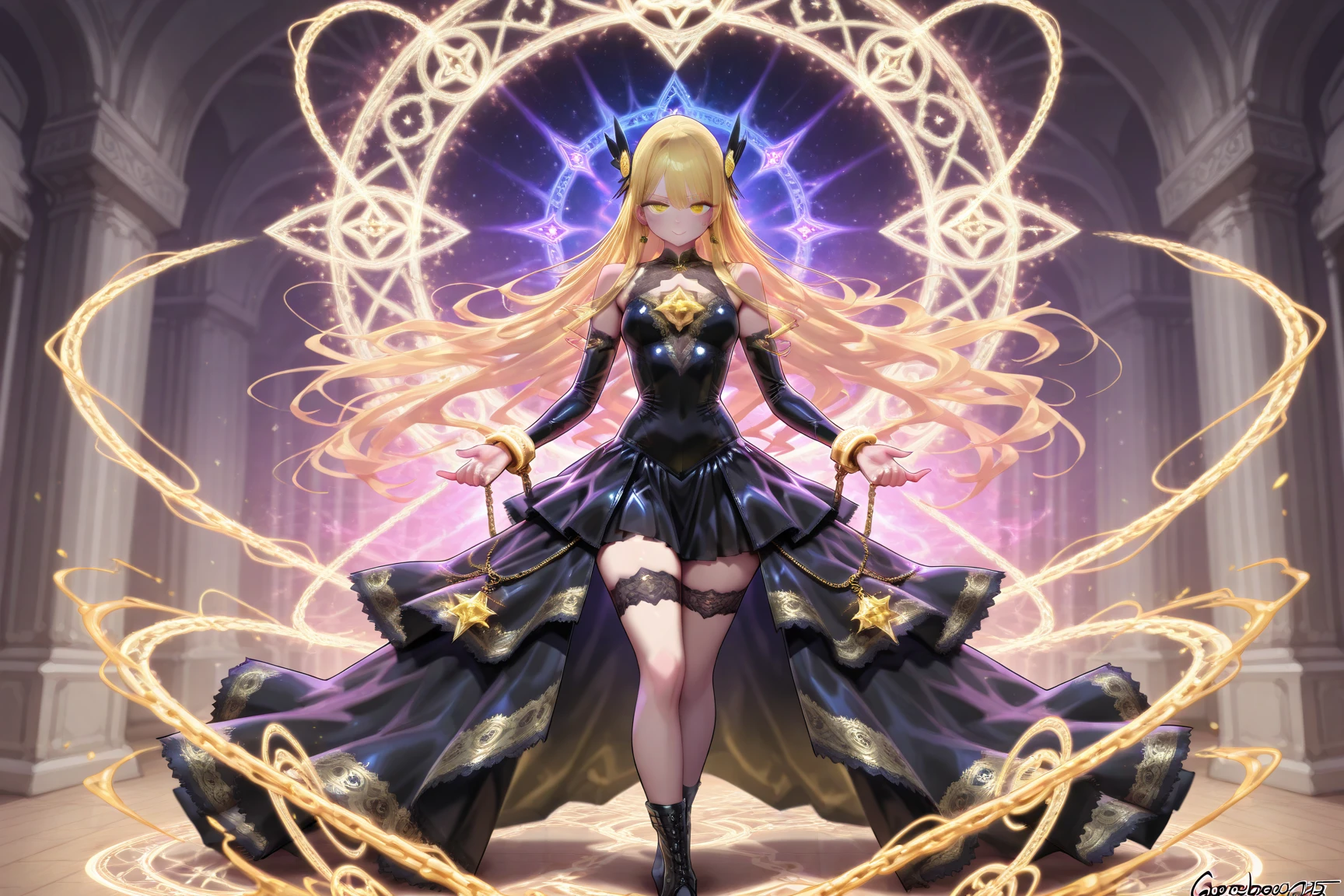 masterpiece, best quality, ultra-detailed, backlighting, 1girl wearing a halo mask, mid shot, full body, standing, long hair, disheveled hair, demon horns, (blonde hair), expressionless, gothic dress, lace trim, small breasts, bare shoulders, night, black vortex in the background, surrounded by rocks, sandrocks, water, lake, bound