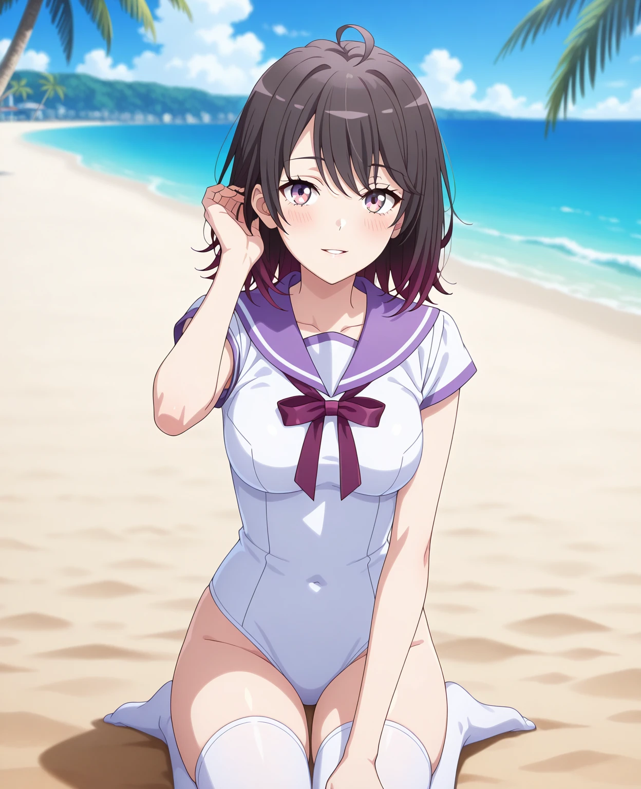 Emilia re:zero, purple eyes, Emilia, crown braid, x hair ornament, flower hair ornament, white hair, long hair, medium breasts, anime girl in a bikini kneeling on the beach with her legs crossed, in the beach, smooth anime cg art, at the beach, at a beach, marin kitagawa fanart, beaching, realistic bikini, hinata hyuga, [ 4 k digital art ]!!, anime moe artstyle, nagatoro, seductive anime girl