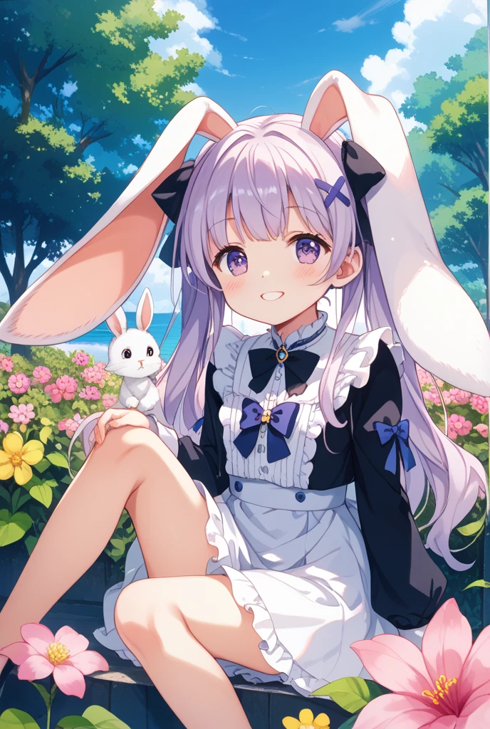 score_9, score_8_up, score_7_up, uncensored, source_anime, 1girl,   <lora:spsukoyaKanaXLPony-000003:1> sukoya4rd, mole under eye, x hair ornament, black choker, purple dress, cleavage cutout, heart cutout, maid headdress, purple gloves, corset, wrist cuffs :d, blush, chibi, looking at viewer, open mouth, smile, solo, standing, flower, stuffed animal, stuffed rabbit, stuffed toy, white flower, hopeful