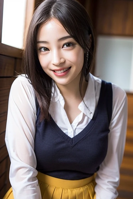 Japanese schoolgirl),((Beautiful girl)),cleavage,the expression imagining what feels good:1.2,(perfect body beauty:1.2),((perfect body)),(shy smile),beautiful teeth,