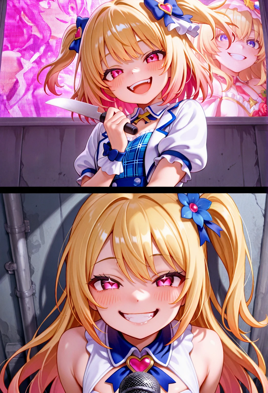 (red ribbon on hairband:1.2),NSFW, 1 girl, Blonde HAIR,(masutepiece), Best Quality, High resolution, Highly detailed, Detailed background, Perfect Lighting, Indoor, 1girl in, , Looking at Viewer, , Maid Uniform, Adorable smile, Wearing a pink school bag backpack, (Randoseru Backpack:1.0)