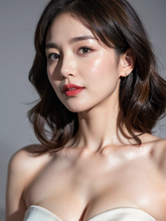 Side view, Mature skin, freckles, Beautiful elderly woman, cute,sexy,55 years old,,sexy, old woman,Big saggy Breasts, nude, Side boob, Curly Hair bunches like a school girl, loop earrings, hair bunches, cute hair, rosey cheeks, arms straight up, plain grey background