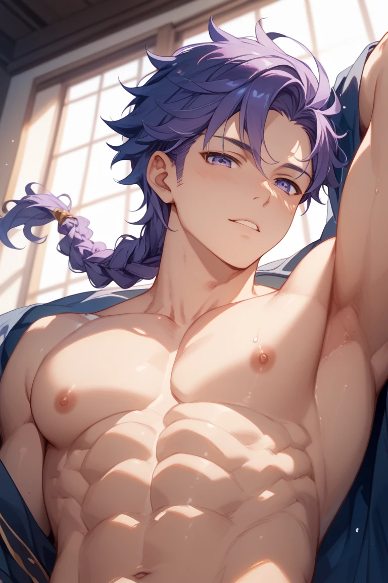 young boy, Long aquamarine hair, cat ears, blue eyes, ssmile, naked, Masterpiece, hiquality