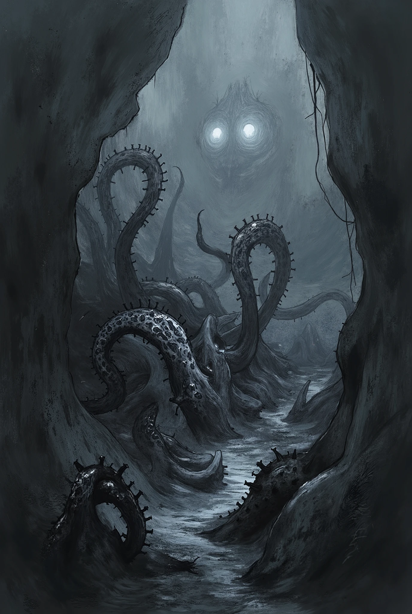 Tentacles coming out of a black pit in a dark underground cavern, barbed tentacles, large glowing white eyes in the background, darkness, shadow, Eldritch horror, surreal, high detail, masterpiece.