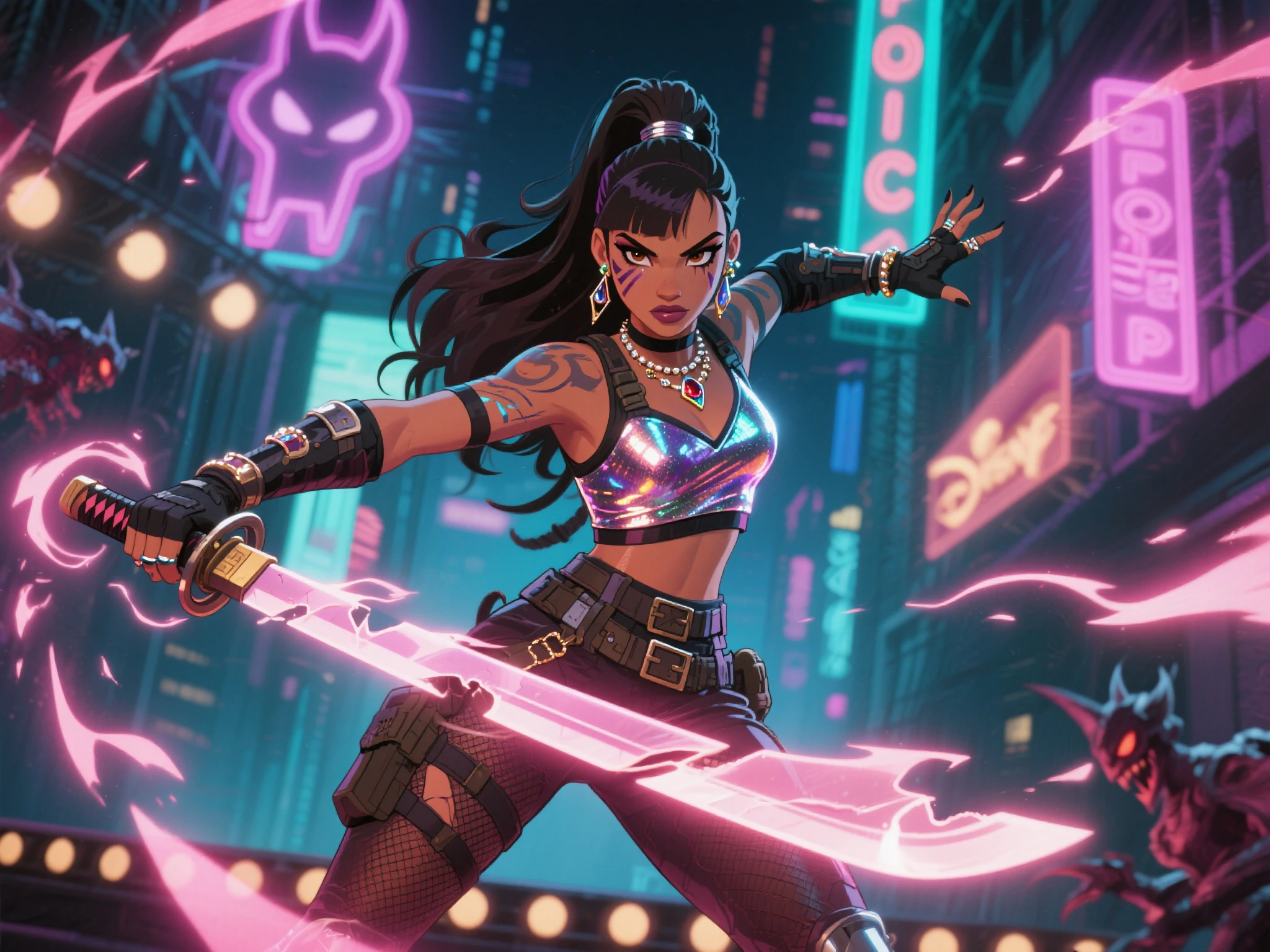 1girl, masterpiece, best quality, highres, WaspGG, dark hair, long hair, dark-skinned female,
cowboy shot, spacecraft interior, jacket, fishnets, dynamic pose, dual wielding, katana,fighting stance,
<lora:WaspGG_v01-000002:0.80>