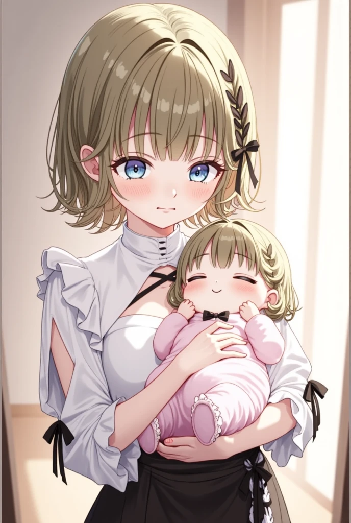 nsfw,((Masterpiece)),((high resolution)),((Best Quality)),Anime illustration,((1girl)),(wavy hair),(short hair),(pale pink hair color),small ponytail,Red eyes,(Big round eyes),((tareme)),12 years old,((baby face)),((very big breasts)),Short stature,,,china dress,blush,I&#39;m very embarrassed,arms up behind,