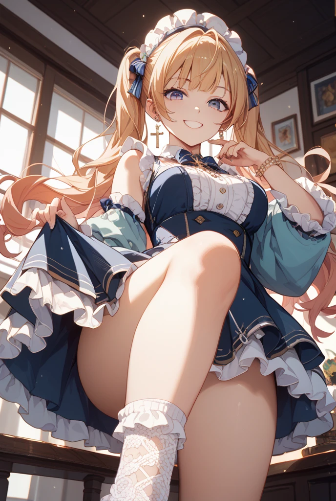 A 12 year old girl with a cute Alice in Wonderland blonde wavy headband sits naked with her legs spread wide showing her ass, anus, pussy and small nipples.。I don't wear any underwear。A pose where you can be seen from below。are small。Pose that shows your anus。pussy and anus are spread。Spreading legs with both hands。taking off the apron dress。SEX。NSFW、Doing sex、panties scattered、