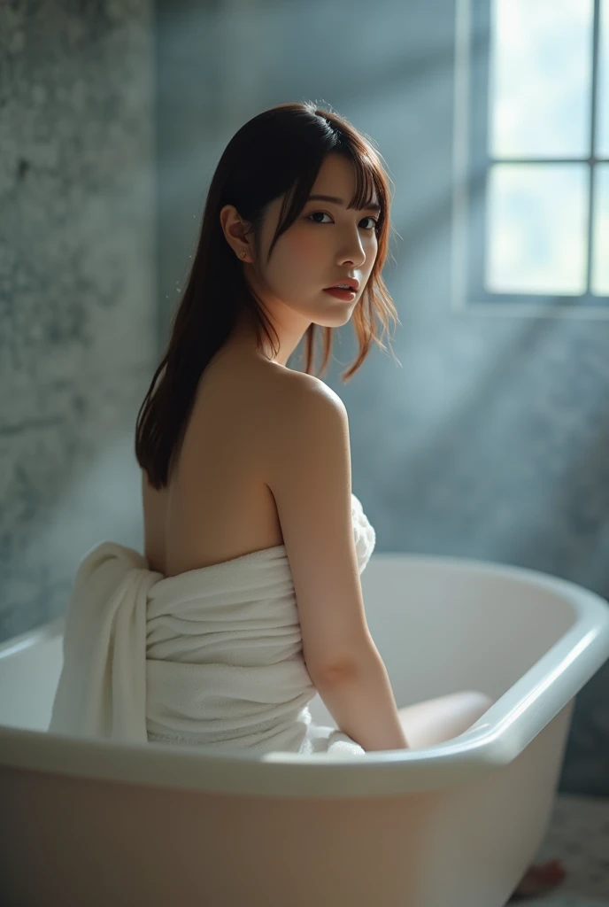Ultra-high resolution,tmasterpiece,Best quality at best, Perfect radiant skin, perfect litthing, Detailed lighting, dramatic shadow, Ray traching, 1个Giant Breast Girl, looking at viewert, cropped shoulders, Large breasts, Exposed cleavage and sexy belly, eBlue eyes, sharpy face, sharp vision, with long bangs, short detailed hair, NSFW, Moles under the eyes, There is a mole in the corner of the mouth, ((fancy bathroom)),  wear a white kimono, Wet with (sweaty, Soaked),