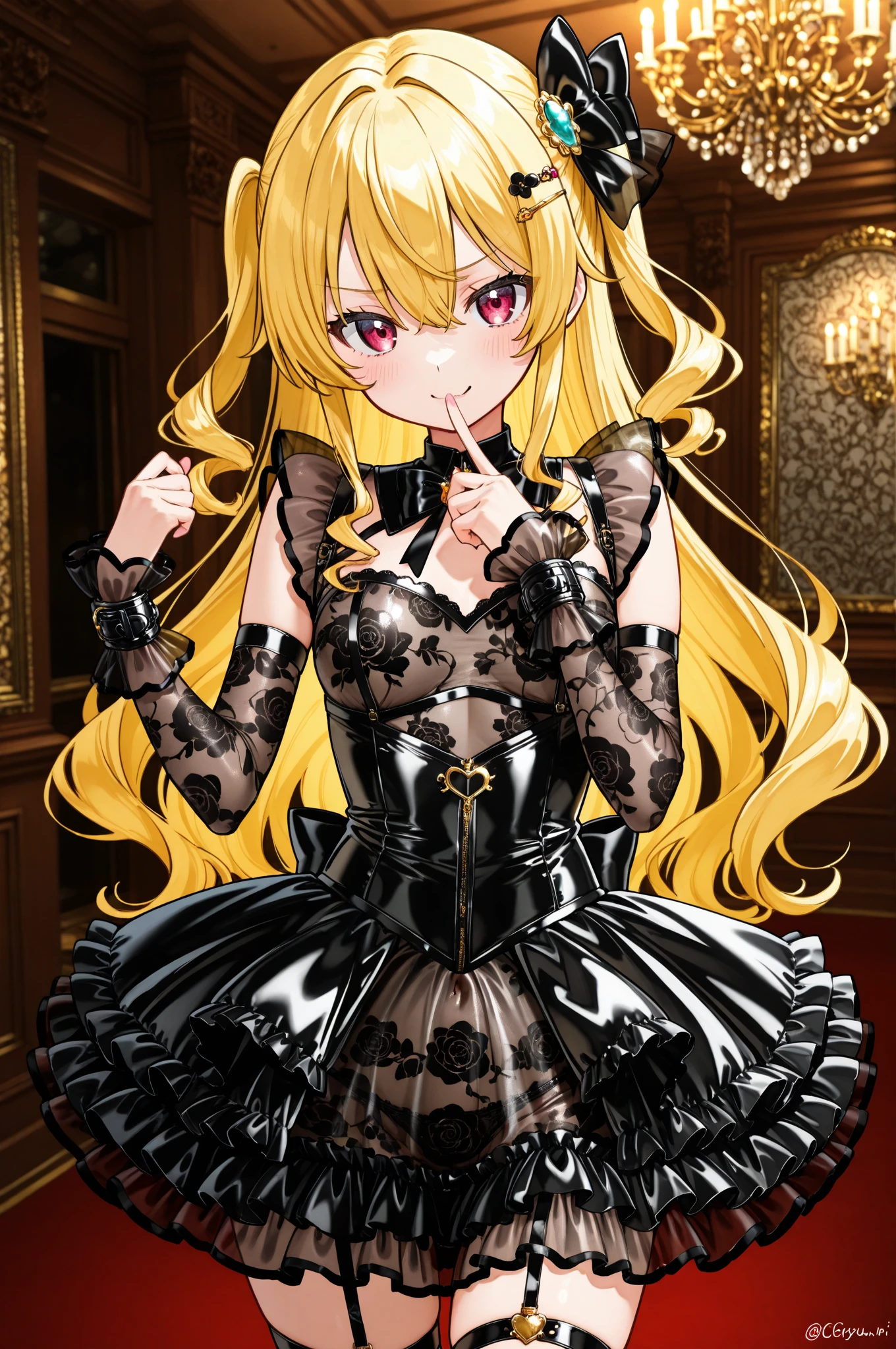 ultra realistic 8k cg, masterpiece, ((ultra detailed background, delicate pattern, intricate detail)), (highly detailed, fine details), best quality, 1girl, (photorealistic:1.4),beautiful lighting, absurdres, RAW photo, film grain, <lora:BeautifulDetailedEyes:0.4>, <lora:DetailTweaker:0.5>, 1girl, solo, ((bedroom background, bedroom environment, window, standing, posters, table, lamp, apple, books, night light, complex detailed background, hands behind back)), (blonde hair, bright hair), long hair, jewelry, two side up, brown eyes, necklace, choker, lipstick, cross, earrings, dress, makeup, thighhighs, bare shoulders, black dress, gothic, smile, detached sleeves, nail polish, garter straps, cross necklace, (small breasts), Misa, <lora:Misa10:1>, <lora:BetterHands:0.5>