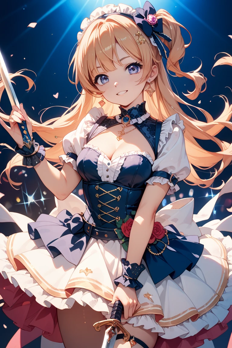 sakuragi hand (Idol Master), (Highest quality, 8K, masterpiece, Very detailed:1.2), (Lens flare, Particles of light, Shine), Big Breasts, smile, Open your mouth, masterpiece, Highest quality, Very detailed, High resolution, Very detailedなCG, masterpiece, Highest quality, Very detailed, High resolution, Very detailedなCG, Official Art, (White idol costume), (White Skirt),Off the shoulder,((Panties in full view)),(Skirt Lift:1.5)