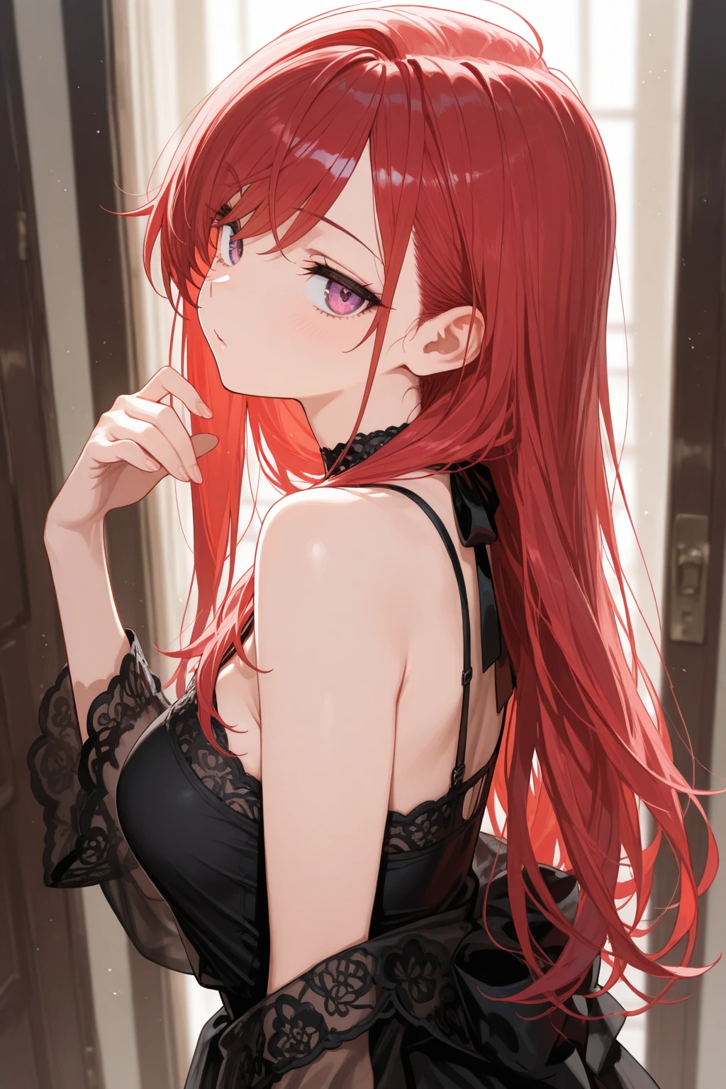 girl, looking into camera, standing, (topless), hands behind back, smiling, in school, redhead, red eyes, perfect body, schoolgirl black skirt, realistic lighting, realistic camera angle, detailed