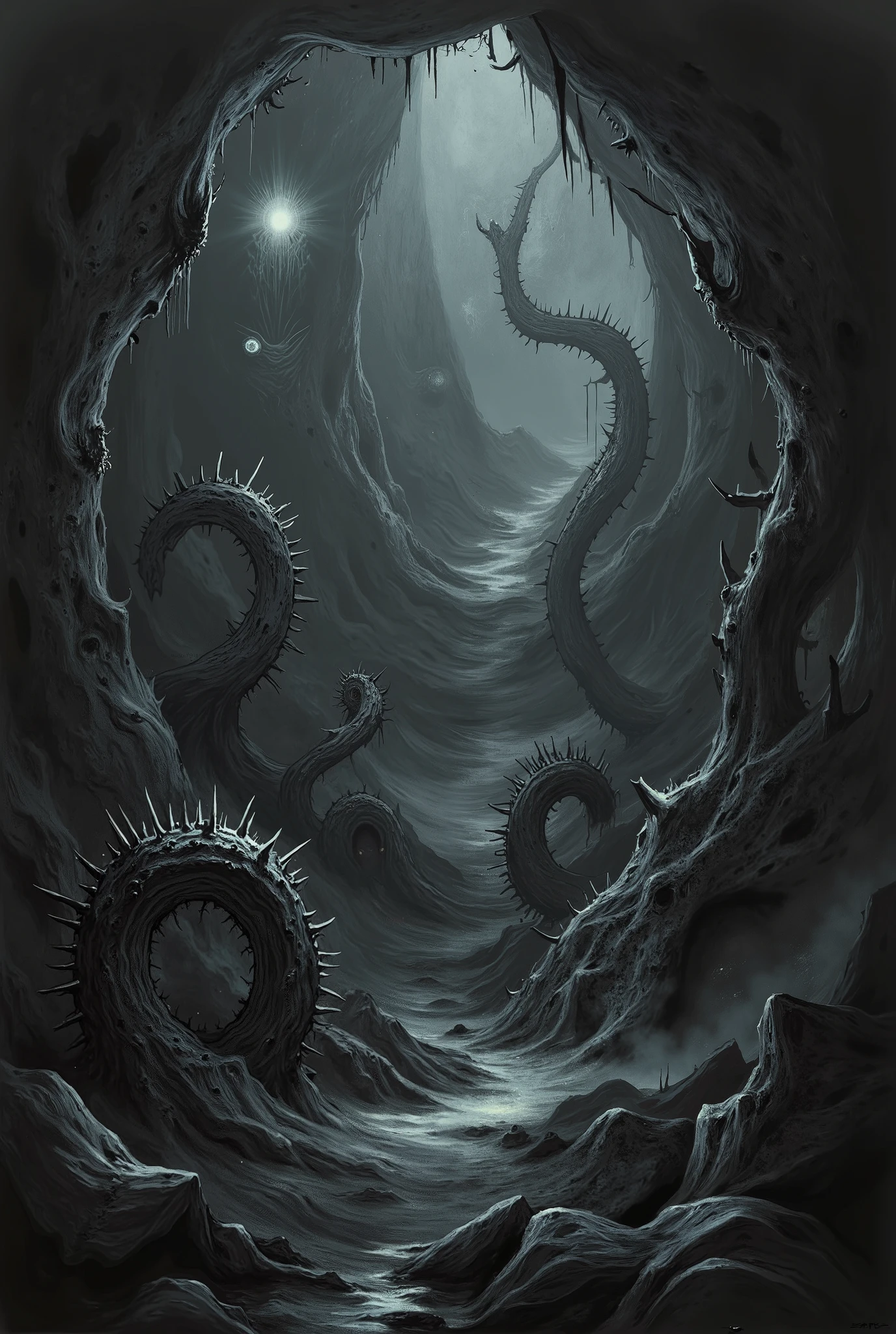 Tentacles coming out of a black pit in a dark underground cavern, barbed tentacles, large glowing white eyes in the background, darkness, shadow, Eldritch horror, surreal, high detail, masterpiece.