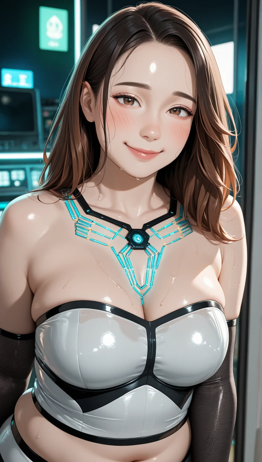Highest quality, Realistic, 8k, High resolution, 1 girl, woman, (Skin Dentition), (Portraiture: 0.6), nice, ((Big round breasts, Sleeveless white T-shirt: 1.75)), Straight Viewer: 1.8, (1 personEyes, Medium length hair, Brown Hair, Parted bangs : 1.65), Realistic, (Bokeh), (Mouth closed: 1.46), nice, Pure Eros Face_v1,