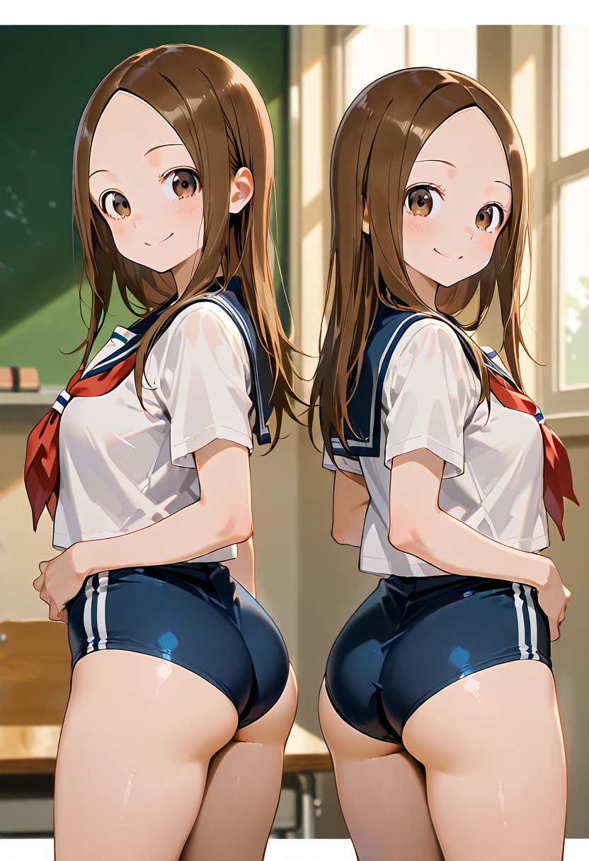 nsfw, (2 girl:1.5), masterpiece, best quality, 8K, high res, highly detailed girl, highly detailed beautiful face, beautiful eyes,beautiful skin, (dutch angle), outdoor, girl on the left(kirino kousaka:1.3), girl on the right(ayaka aragaki:1.3), smile, navel, medium breasts, bottomless, white string panties, school uniform, serafuku, white shirt, hand on hip, outdoor