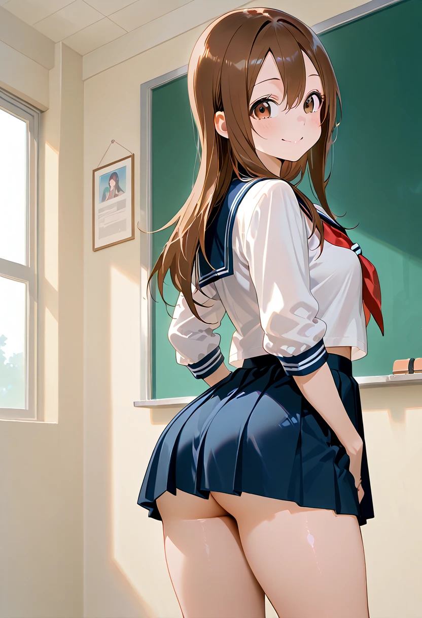 Outstanding quality，illustration，8K，High definition,(((Anime girl))),((masutepiece)),Best quality, Extremely detailed CG unity 8k,(( 1 girl in)), (Beautiful detailed),illustration, Beautiful fece, complex pattern,Character focus,Stinks,((Wearing a blue dress)),wear,Looking back,(Focus on farting),(((Focus on farting))), ,(((The girl's buttocks let out a mist))),(Yellow mist on the girl's buttocks),(((Girl ass fart))),Hip attack,Raise your hips upwards,The girl emits yellow gas from the girl's buttocks,(((Fantasy Mist))),Leaning forward,(Focus yellow_Heavy fog),((Turn around))),Yellow fart,(((Girl vs))),(((Solo))),((face)),Meek,Wearing a white school uniform,((Large full breasts),,((Brown hair)),((poneyTail))),(((Tempting))),(Moist eyes),thick thight,The face turned to me,smelly,rance,(((Girl having in classroom)),((empty classroom)),(((Standing lazily))),Muchimuchi's body，(((Charming body))),NSFW,Colossal tits,thighs thighs thighs thighs,Fart violently,(((The girls are turning their butts with this))),ass big,focus on ass,Panchira,pantyshot,short- sleeved,(((White school uniform),)))),((Open your little mouth)),),Flushed cheeks,loose socks,(((Black garter belt))),(((Mature face))),(((negroid))),(((Black skin))),(((A smile appeared on the mischievous face))),(((Close one eye))),(((Long hairs))),(((Big Sister))),((Eyes covered by hair)),The background is beautiful