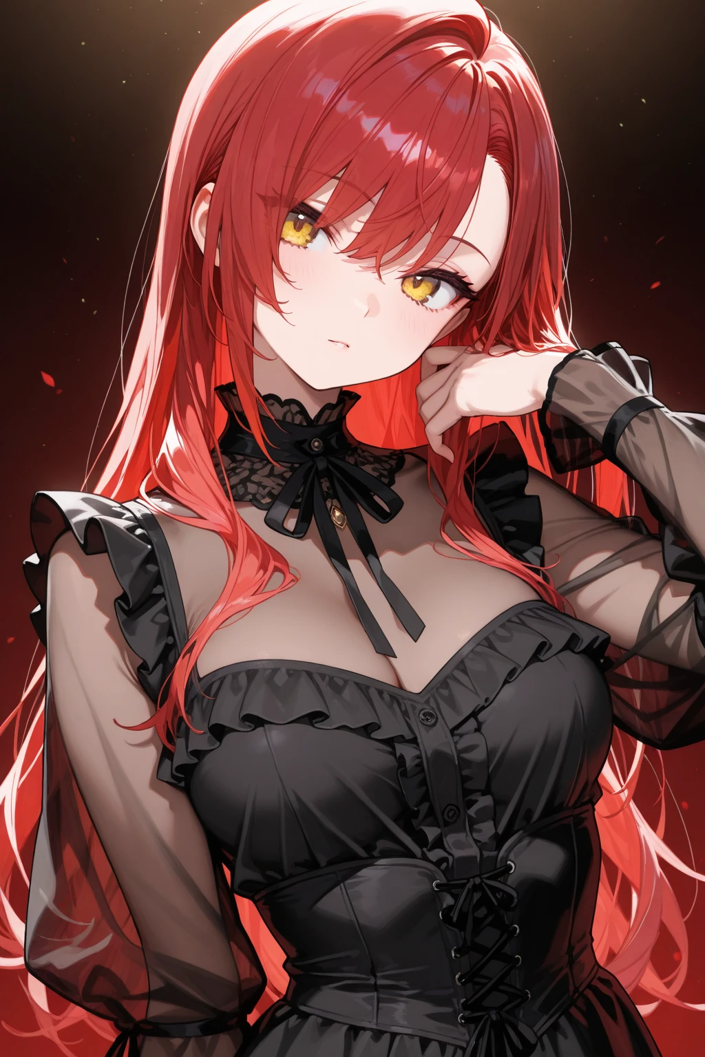 anime girl red hair, raising his black lack, showing her white underwear