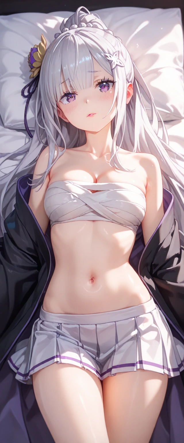 masterpiece, best quality, high contrast, masterpiece, best quality, high quality, perfect anatomi, 1girl, mature female, large breast, white color hair, purple eyes, messy hair, long hair, wolf ears, wolf tail, topless, stomach, navel, denim shorts, standing, cowboy sho, white background, open jacket,