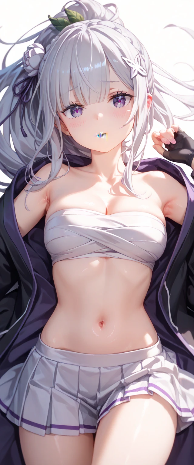 <lora:shiroko-terror:1>, shiroko(terror), extra ears, crop top, black panties, long hair, underwear, animal ears, looking at viewer, animal ear fluff, very long hair, cowboy shot, choker, long sleeves, navel, halo, panties, parted lips, solo, blue eyes, large breasts, simple background, hair ornament, white background, stomach, cross hair ornament, underboob, shirt, arms up, black choker, black shirt, 1girl, grey hair