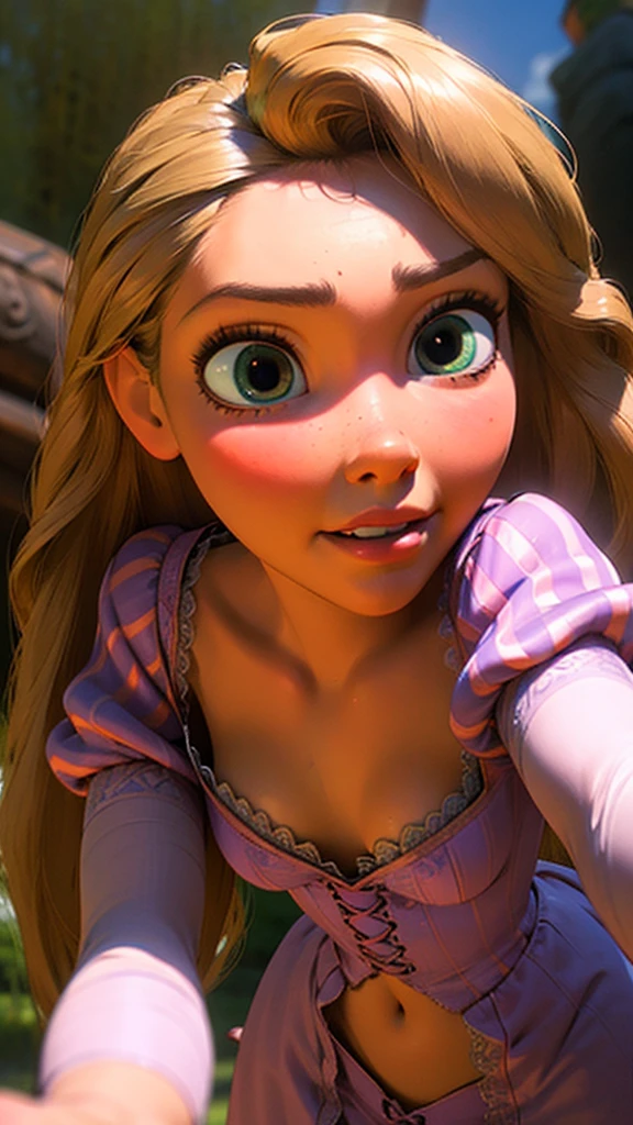 High quality masterpiece, Disney Rapunzel, detailed, in the forest, little clothes, nervous face, big breasts, very detailed