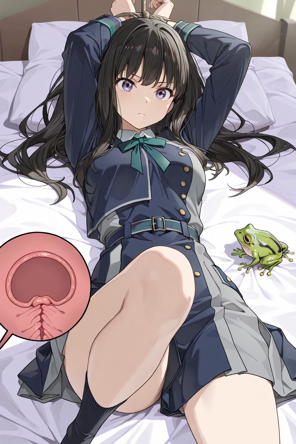 score_9, score_8_up, score_7_up, source_アニメ, masterpiece, 1girl, watahana, , blue dress, sailor dress, pinafore dress, white sailor collar,white shirt, red bowtie, long sleeves, flat chest, white pantyhose, loafers, indoors, shiny hair, cuteポーズ, Primary school students, Panty flashing, White underwear、(skirt full open), heart shaped pupils, Long wide skirt、cute、blush、Watery eye、Lots of water、Wet、tentacle sex, Creampie、doggystyle, vaginal tentacle penis, missionary, saliva trail, (orgasm), Semen overflowing、A lot of semen、Tentacle Rape、(Trembling)、Anime H、Tentacles inserted from behind、constrained、大量触手constrained、Tentacle insertion、Overflowing semen、Tentacle insertion中陰茎, ((uterus at viewer tentacle penis inserted into pussy from cross section looking through))