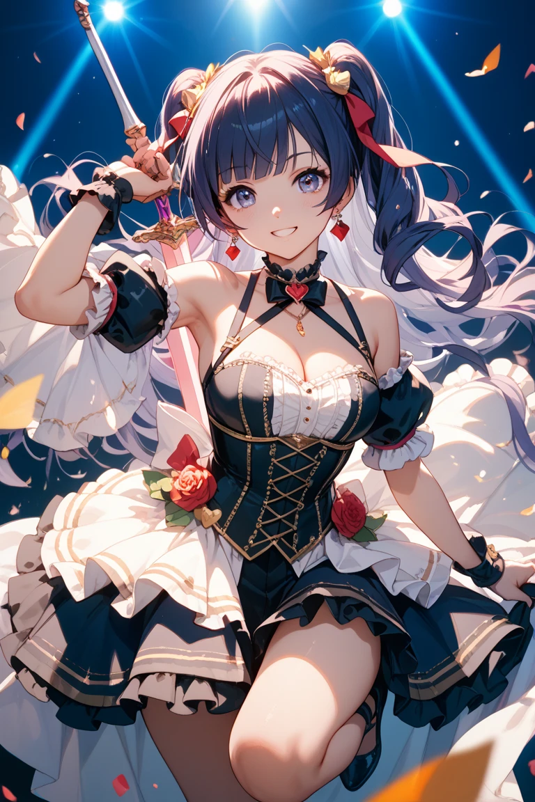 Vulgar,low angle,from below,very windy,skirt lift,panty shot,((white elegant beautiful panties)),(1girl),(Raiden Shogun in Genshin Impact), ((masterpiece, highest resolution,best quality)), (beautiful illustration),(semi long beautiful dark blue hair),(beautiful blue eyes), (white elegant see through camisole), (looking at the viewer),
 innocent smile, white over-kneehighs,Lace chalker, wristband, fingerless gloves, over-kneehighs,
Lace chalker, diamond necklace,wristband, fingerless gloves, earrings, windy,cinematic lighting, night, neon,entertainment street,