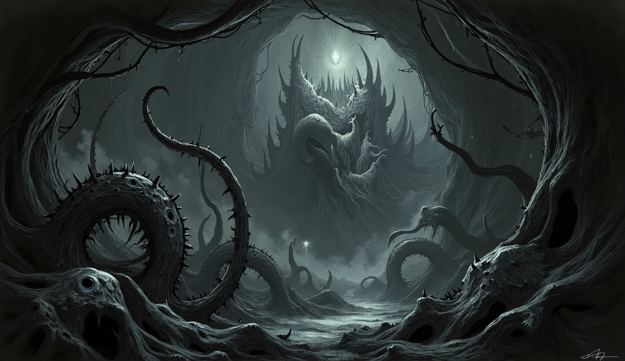 Tentacles coming out of a black pit in a dark underground cavern, barbed tentacles, large glowing white eyes in the background, darkness, shadow, Eldritch horror, surreal, high detail, masterpiece.