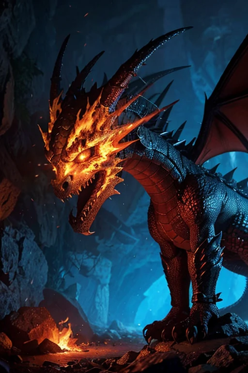 80s movies style,dark fantasy,dragon with 3 head, creepy,cave,gold coins