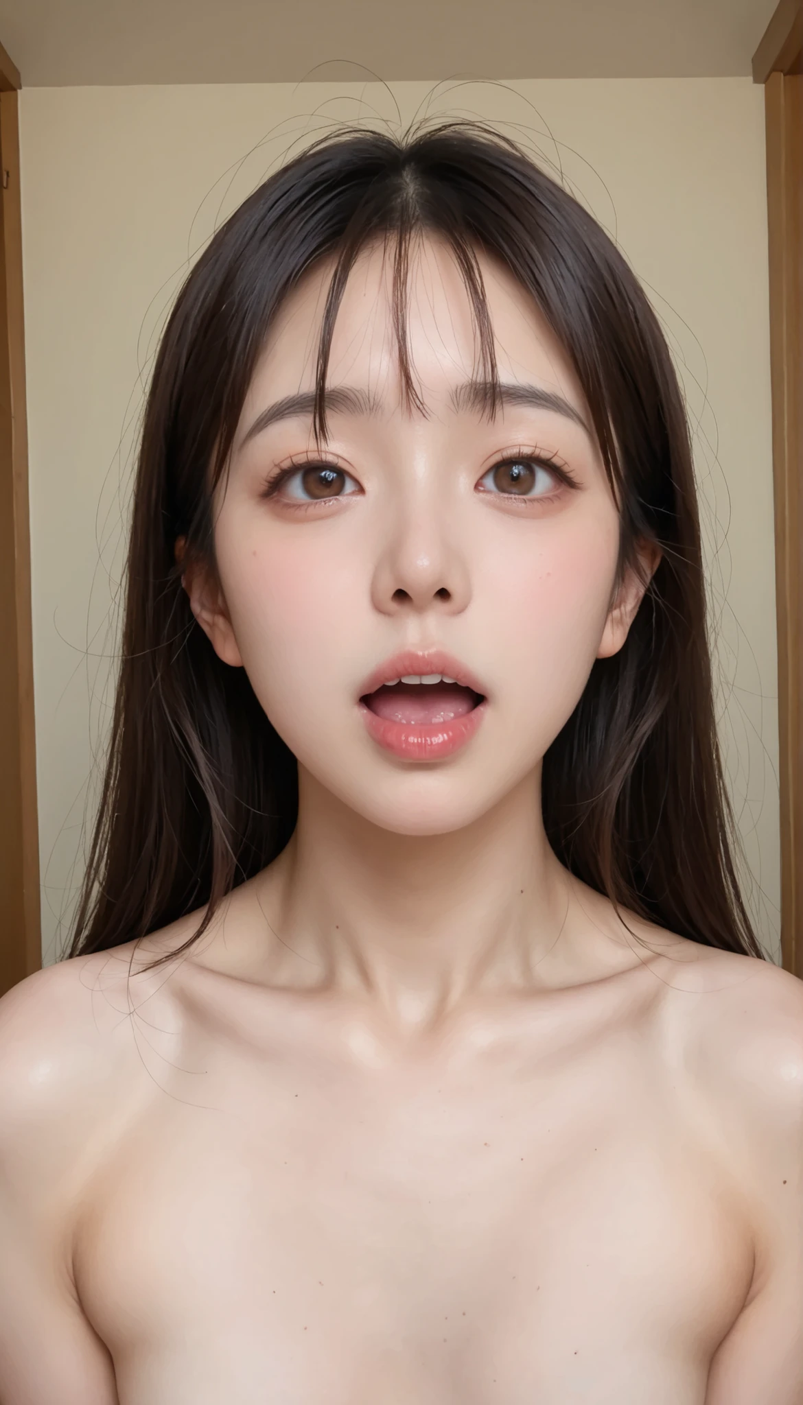   realistic,((Japan's real face  )) ,  cute and sexy woman is completely naked、Vulgar Girl  ,  big eyes,Room,   Bright  ,(open your mouth),  no makeup,Saggy eyes ,  adipose muscle、( paizuri) beautiful collarbone 、 Chest posture、  forward leaning posture、semen is dripping from her mouth、Saggy eyes、small tits、Small breasts