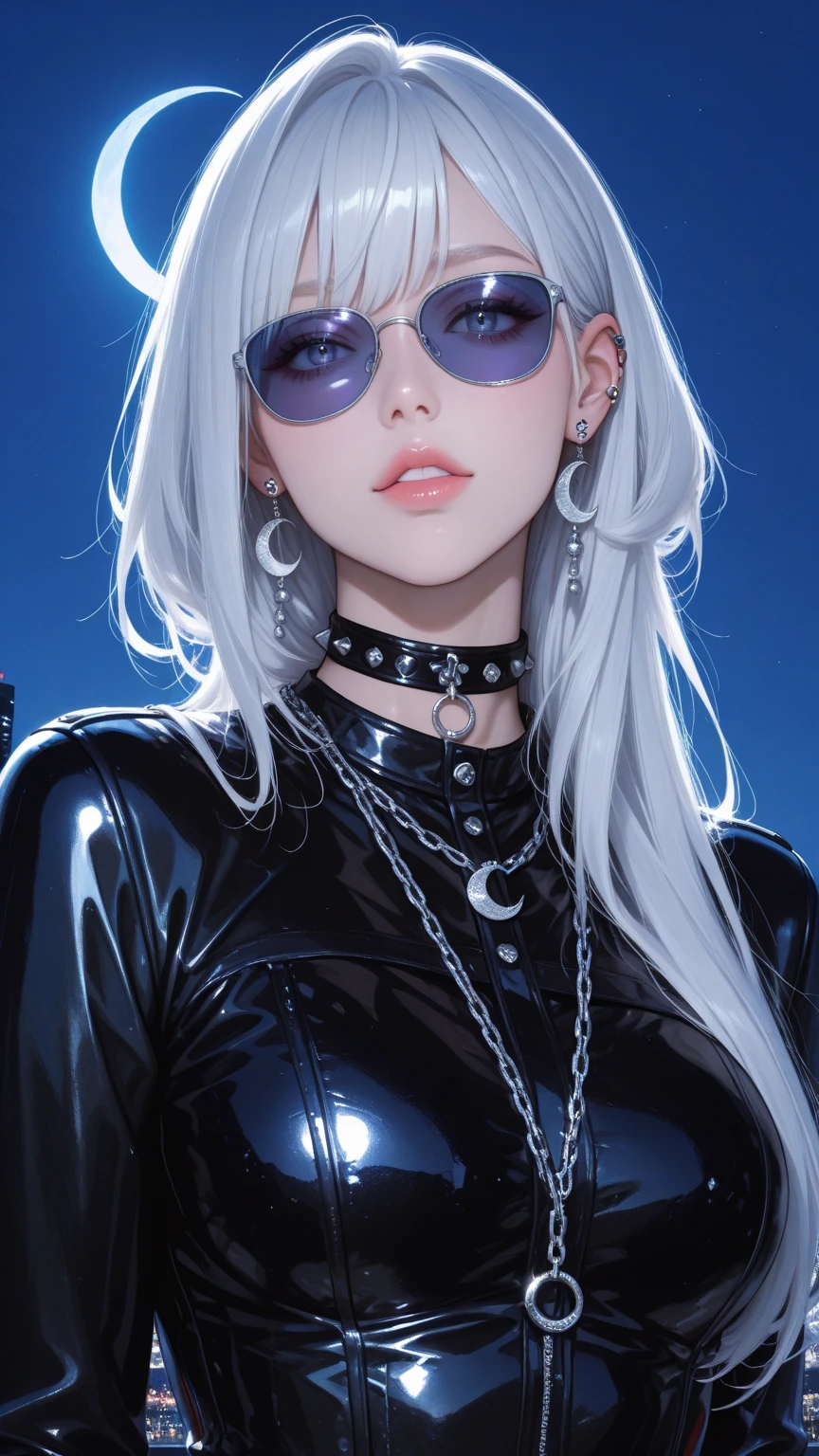 (Uhd, retina, masterpiece, Accurate, anatomically correct, rough skin, Super detailed, advanced details, high quality, 最high quality, High resolution, 1080p, hd, 4k, 8K, 16k), (detailed and beautiful eyes, beautiful detailed lips, highly detailed eyes and face), soft lighting, Physically based rendering, Bright colors, (big breasts:1.5), (portrait, shiny hair, shiny skin), eye reflection, (Bokeh, moonlight:1.5), (black coat, put a hood on your head, sunburned skin:1.5), silver hair,