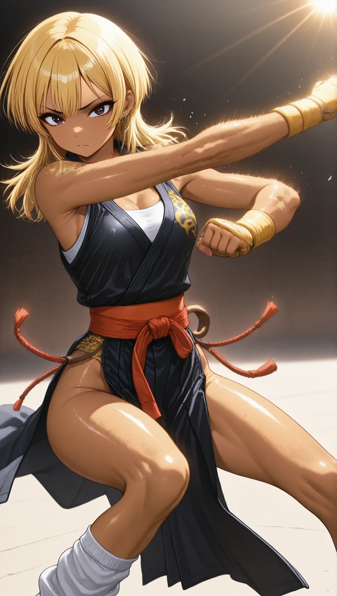 beautiful martial artist, Muay Thai Fighting Poses,action,wolf cut,yellow hair,brown skin,thin legs,perfect face,anatomically accurate,top quality,Textured Skin,Film lighting effects,animated screenshot, Sakuraka-chan 、Muay Thai Ring、kogyaru