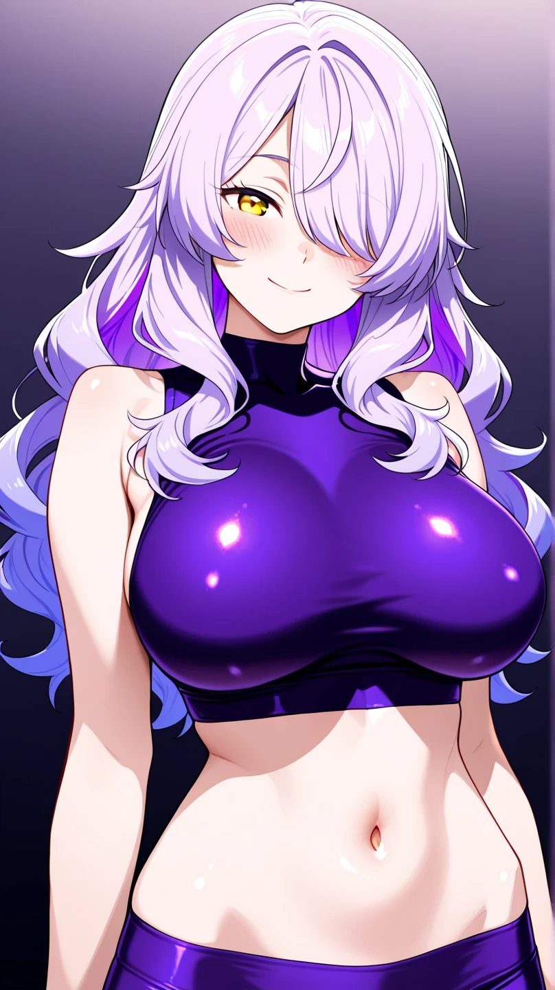 Erotic　Pokemon　Mimosa, tall, purple hair, curly hair, long hair, big breasts, mature married woman　Pink latex leotard　Latex racing swimsuit off shoulder, black background, heart shaped bedroom, dark theme, evil, temptation, excitement, condescending smile, sexy pose, upper body emphasis, upward gaze
