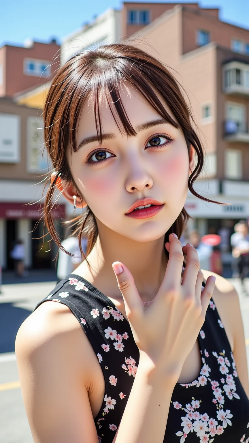 ((anatomically correct, winking left eye:1.2, Raise own index finger:1.2, Index finger in front of mouth:1.2, Gesture of kissing own index finger, Kissing gesture, Poke out lips)), (masterpiece:1.2, Highest quality), (Beautiful, detailed eyes:1.2, Beautiful skin, Beautiful hair, Beautiful eyes, seductive eyes:1.2), ((Woman)), ((Asymmetrical short hair)), (Highly detailed CG, Super detailed, Best Shadow:1.1), ((Depth of written boundary:1.1)), (Detailed eyes and face:1.3), ((watercolor)), beautiful concept figure, (figure:1.1), (Perfect detail:1.1), looking at viewer, Good posture and dignity, From the neck up, natural soft lighting, evening sunset, Highlights in the eyes, Very perfect and beautiful face, close up shot, glossy lips, Bare shoulders, (vibrant colors, vivid colors background:1.2),