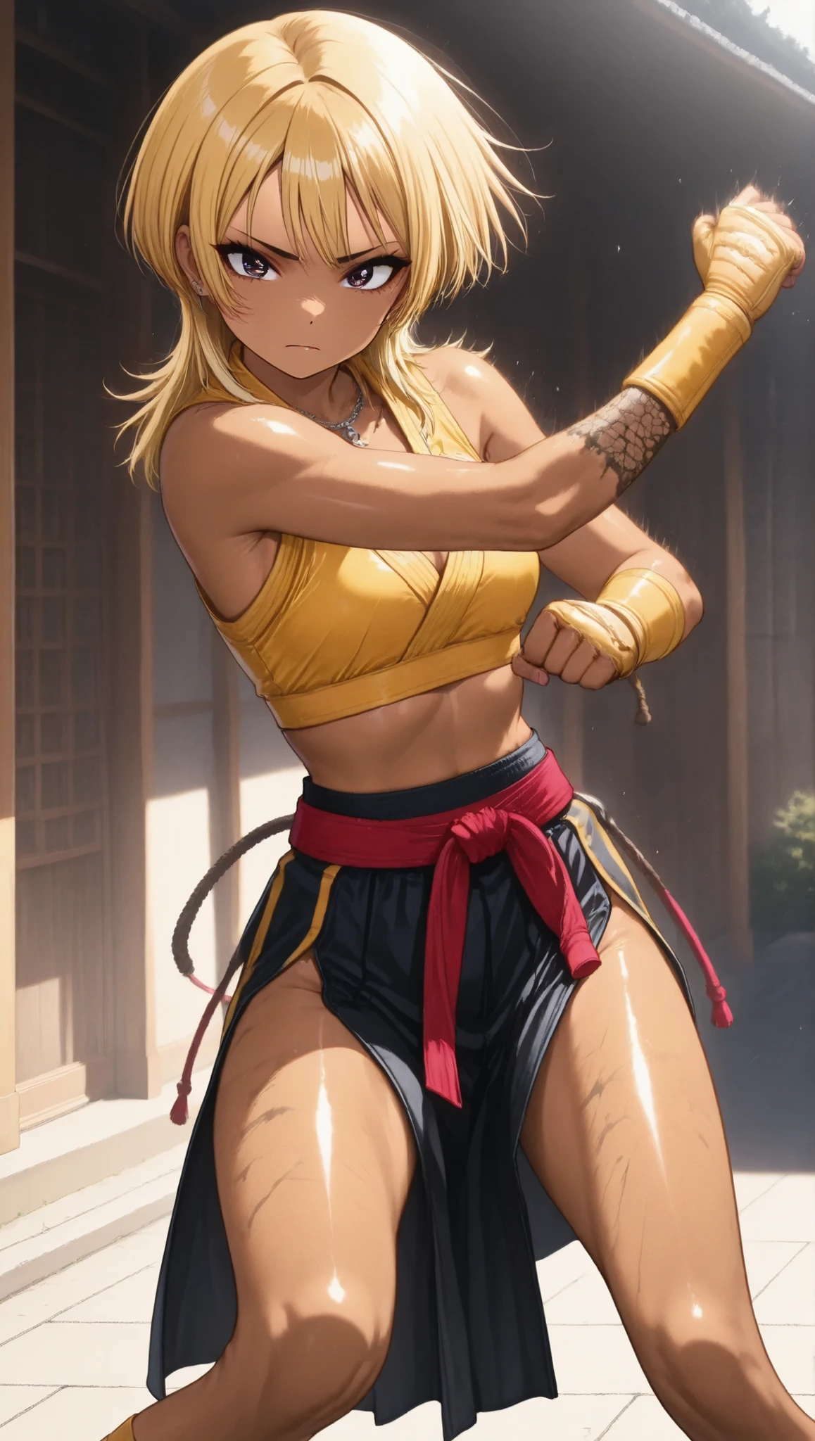 beautiful martial artist, Muay Thai Fighting Poses,action,wolf cut,yellow hair,brown skin,thin legs,perfect face,anatomically accurate,top quality,Textured Skin,Film lighting effects,animated screenshot, Sakuraka-chan 、Muay Thai Ring、kogyaru